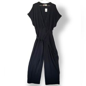 Free People Beach Wide Leg Tie Waist V-Neck Black Jumpsuit Size Medium